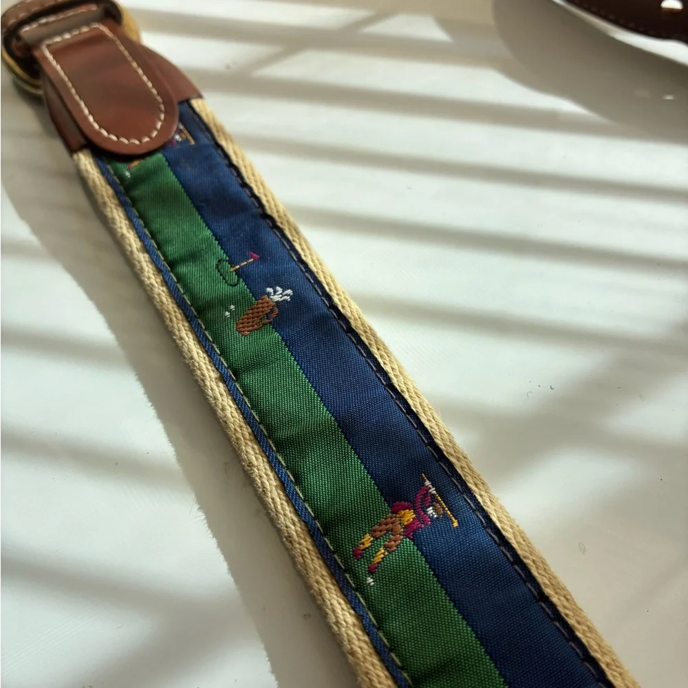 Brooks Brothers Men’s Leather Brown and Green Golf Belt with Gold Buckle (Sz40)